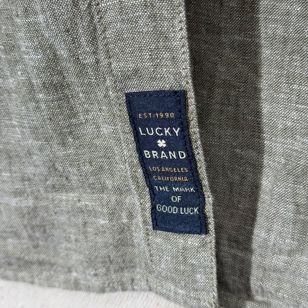 Lucky Brand Linen Blend Shirt Mens Large Olive Green Short Sleeve Button Down - Picture 8 of 12